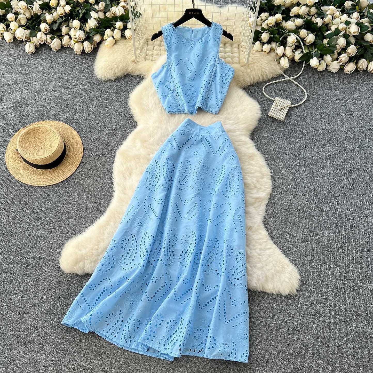 Hollow-out Crocheted Sleeveless Vest Top High Waist Skirt Suit