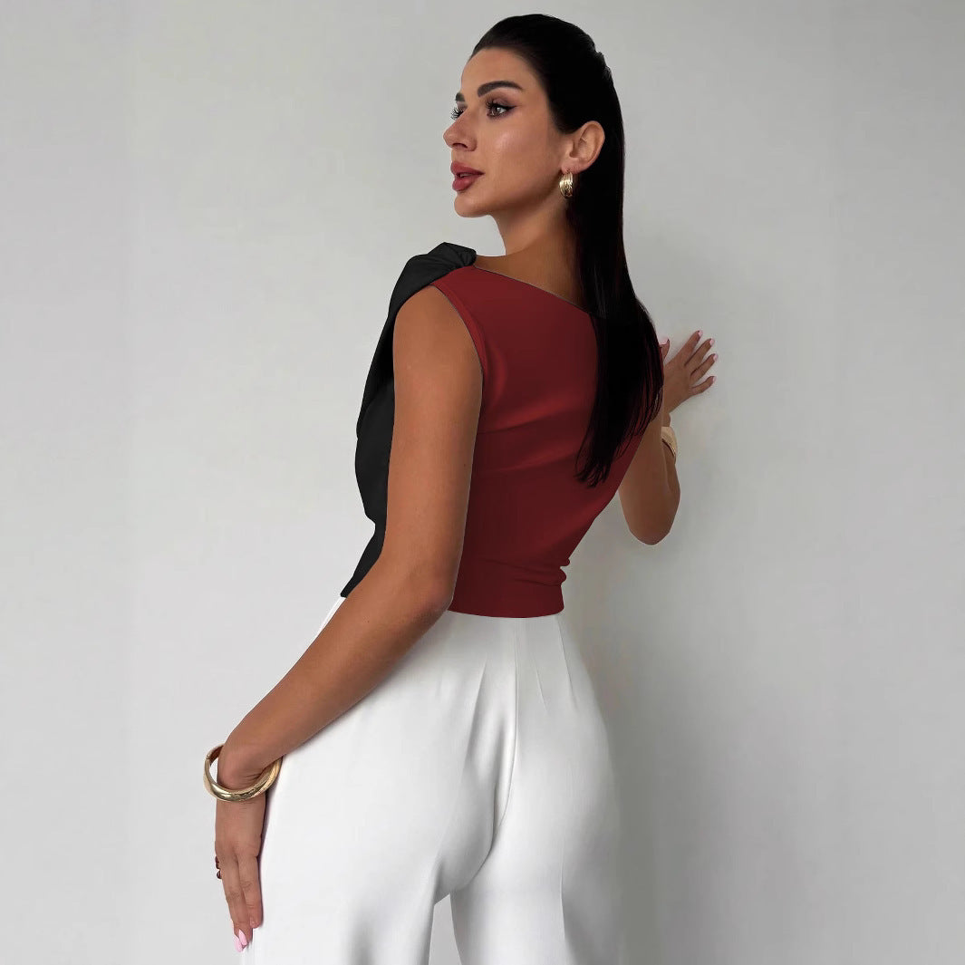 Color-blocked Asymmetric Shoulder Ruffled Hem Slim-fit Versatile Elegant Commuter Top