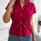 Button Drawstring Short Sleeve Shirt Top Women's Clothing
