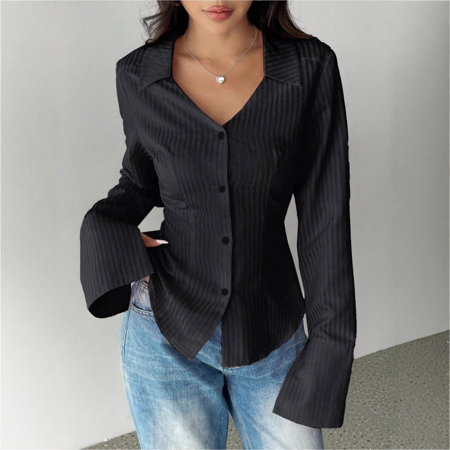 Women's Striped All-matching Casual Bell Sleeve Polo Collar Top