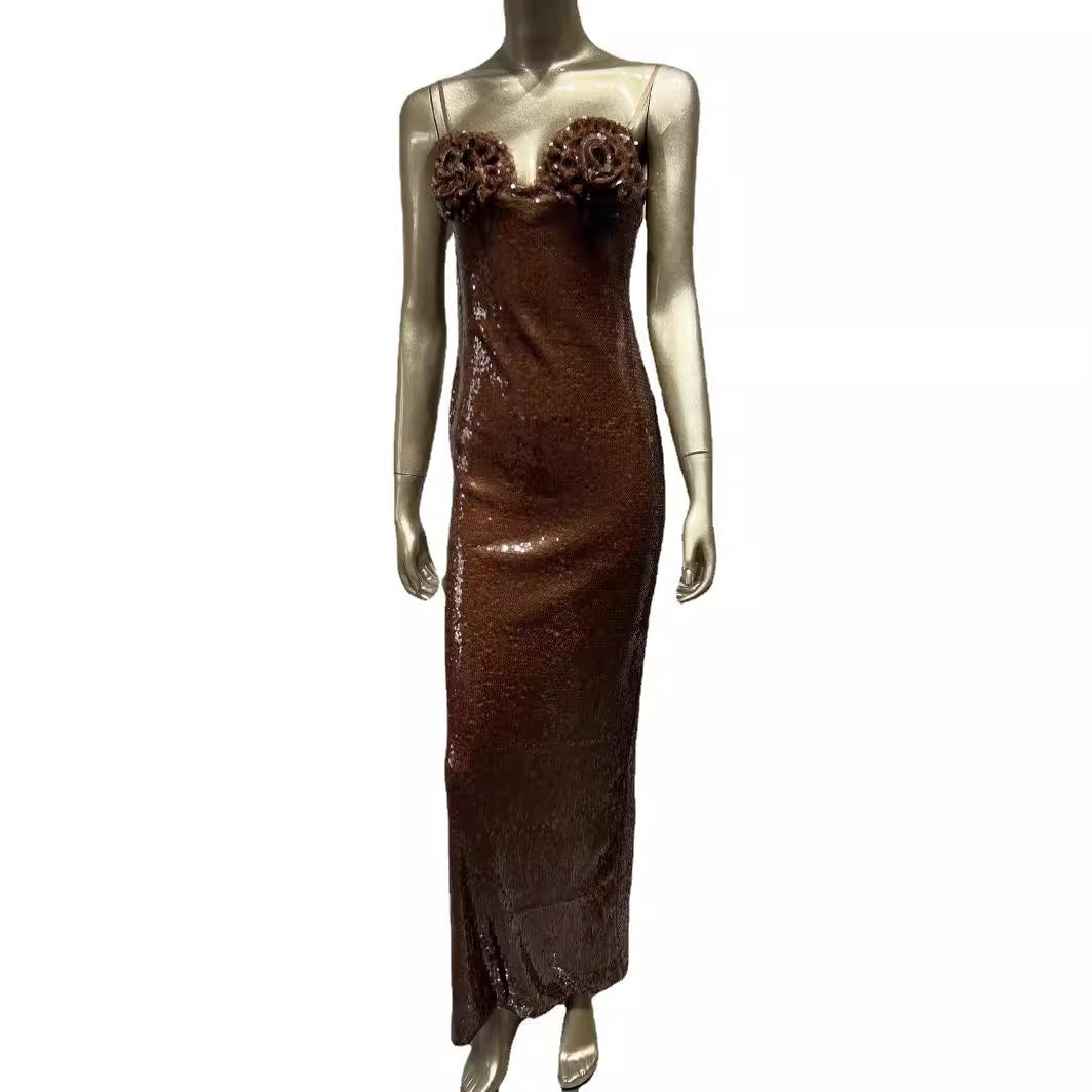 Robe à bretelles marron à paillettes pour banquet dans la rue principale