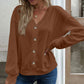 Women's Solid Color Buttons V-neck Loose Long-sleeved T-shirt