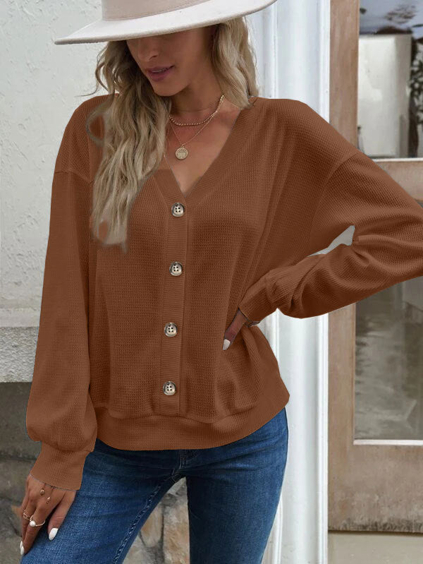 Women's Solid Color Buttons V-neck Loose Long-sleeved T-shirt