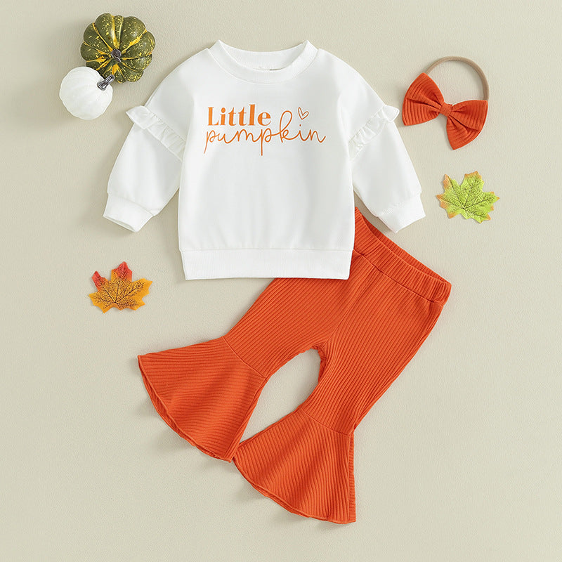 Ensemble pull à manches volantées et pantalon à pattes d'éléphant en coton à rayures enfoncées pour enfants