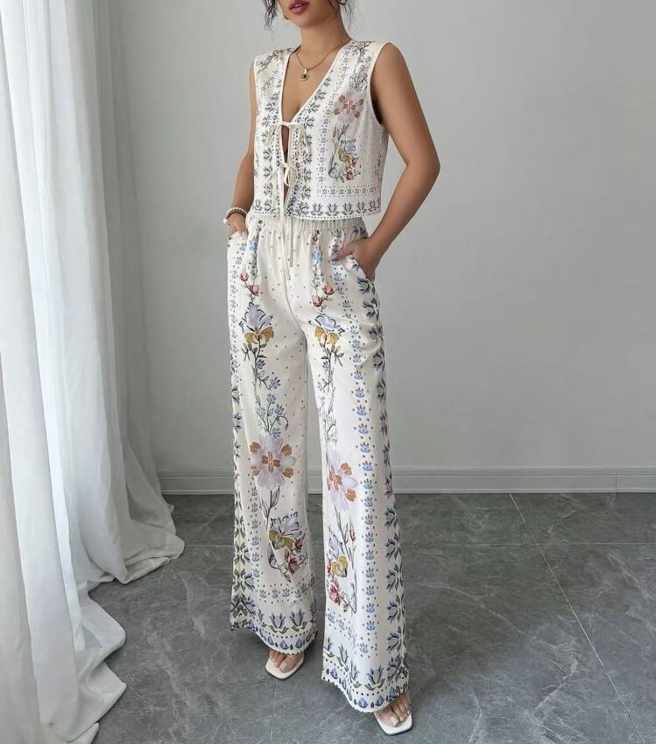 Fashionable Sexy Loose-fit Lace-up Vest Top With Wide-leg Trousers