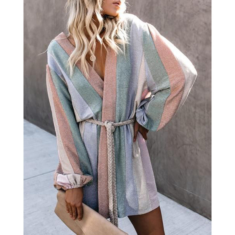 Printed Loose Belt Vertical Stripes Windbreaker Jacket