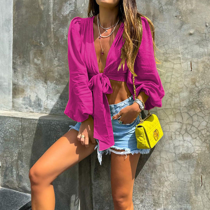 Women's Fashion Long Sleeve Deep V-neck Short Top