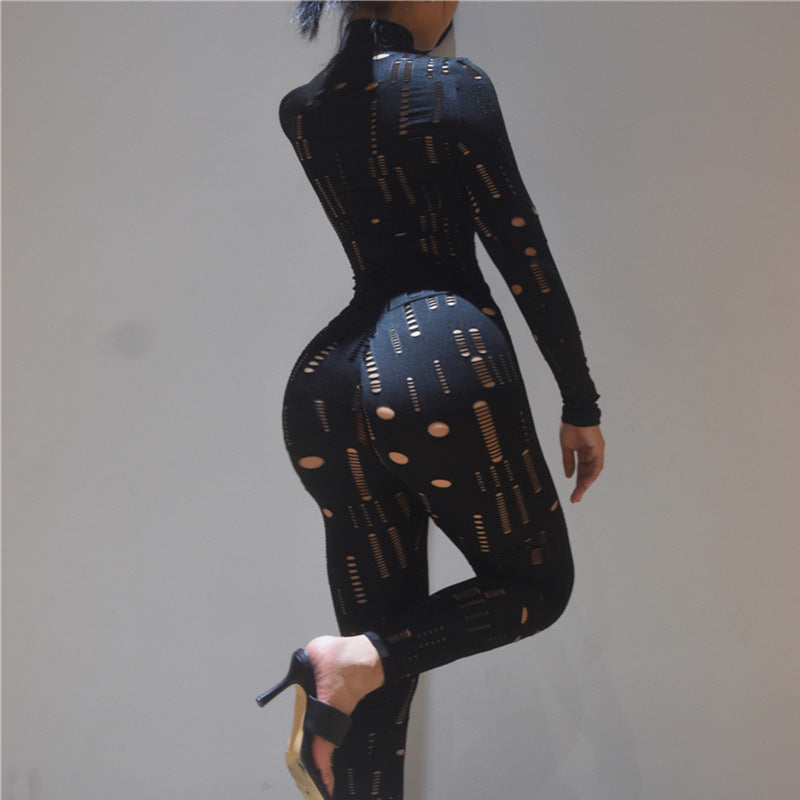 Women's New Cutout Ripped High Waist Tight Trousers Leisure Sports Suit Women