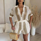 Women's Hollow Out See-through Lapel Knitted Shorts Suit