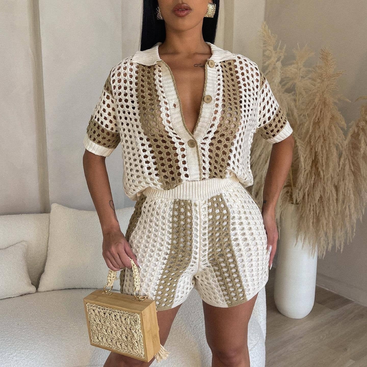 Women's Hollow Out See-through Lapel Knitted Shorts Suit