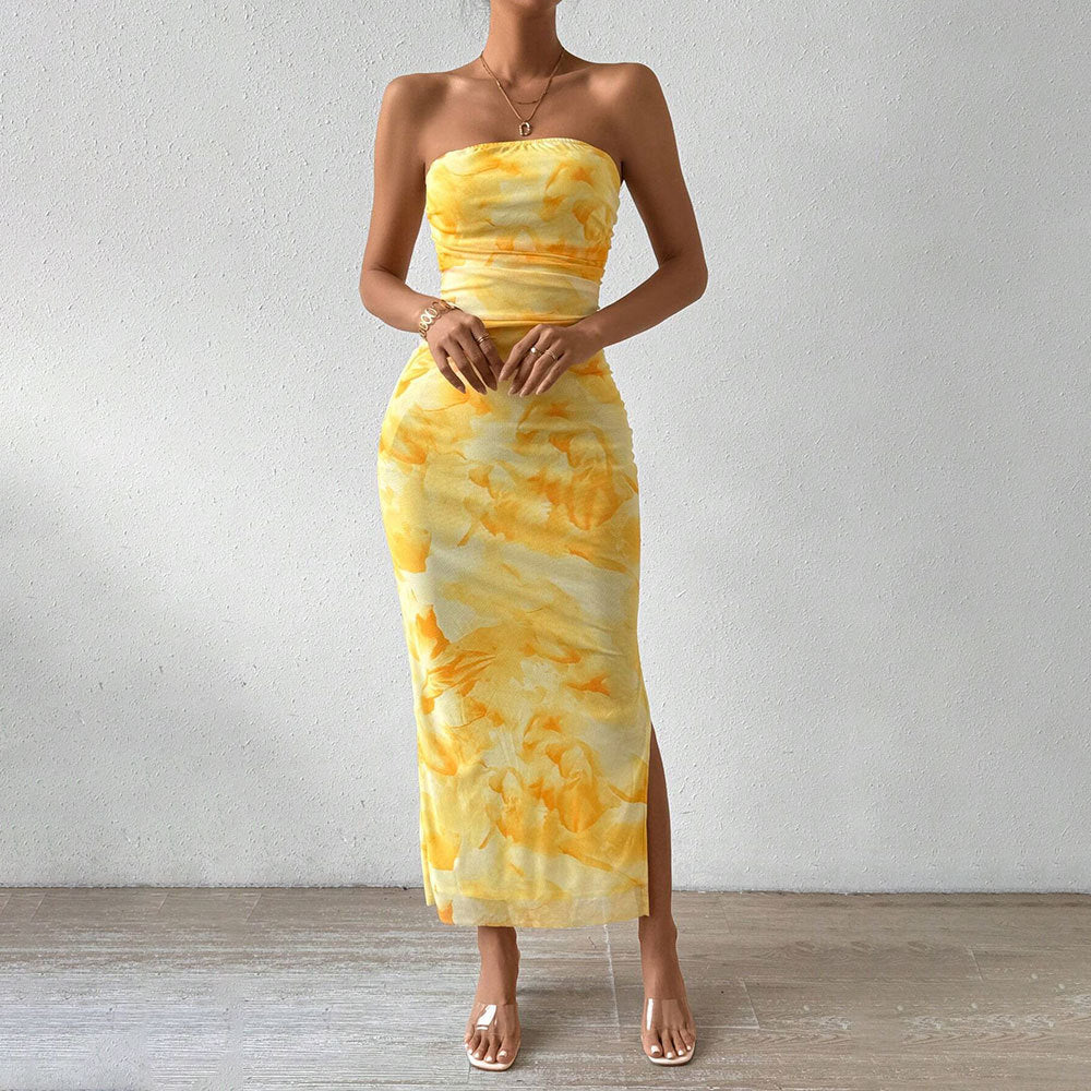 Women's Mesh Floral Print Dress New High Waist Slim Slit Tube Top