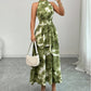 Neck Hanging Cinched Waist Sleeveless Dress With Ruffled Hem