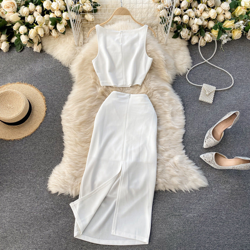 Solid Color Round Neck Vest Short Top High Waist Hip-wrapped Mid-length Dress