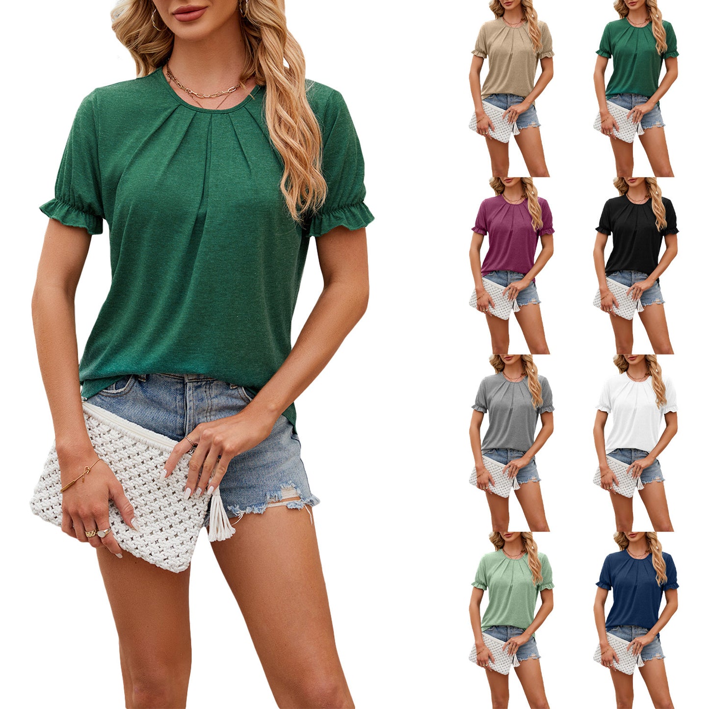 T-shirt ample à manches courtes et col rond pour femme, couleur unie