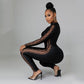 Mesh Print Stitching Long-Sleeved Jumpsuit