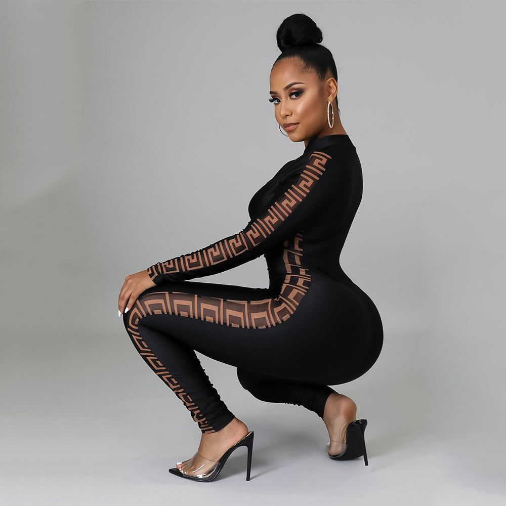 Mesh Print Stitching Long-Sleeved Jumpsuit
