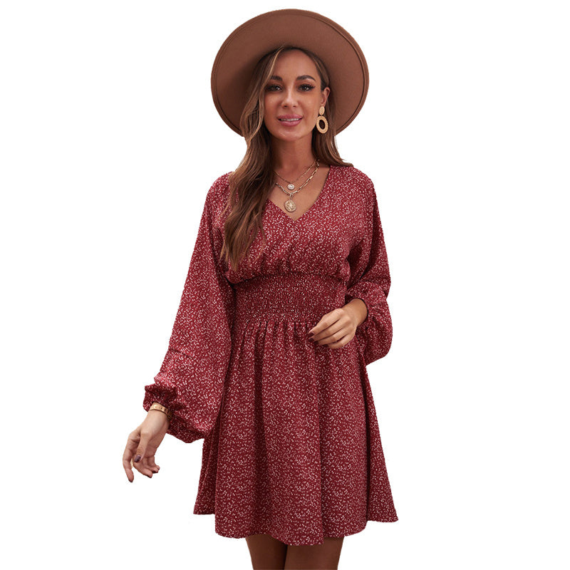 Robe à manches longues à imprimé pois, col en V, manches lanternes, taille plissée, coupe trapèze, vêtements pour femmes