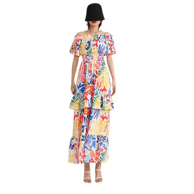 Summer Boat Neck Wooden Ear Design Short Sleeve High Waist Cake Dress