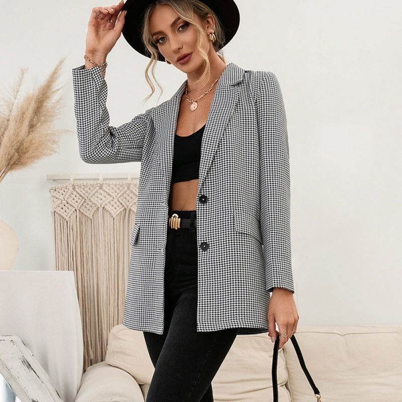 European And American Single Breasted Houndstooth Plaid Casual Suit Top