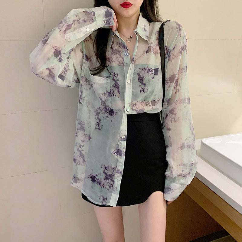 Ink Smudge Design Print Shirt Loose And Thin See-through Long-sleeved Sun Protection Jacket