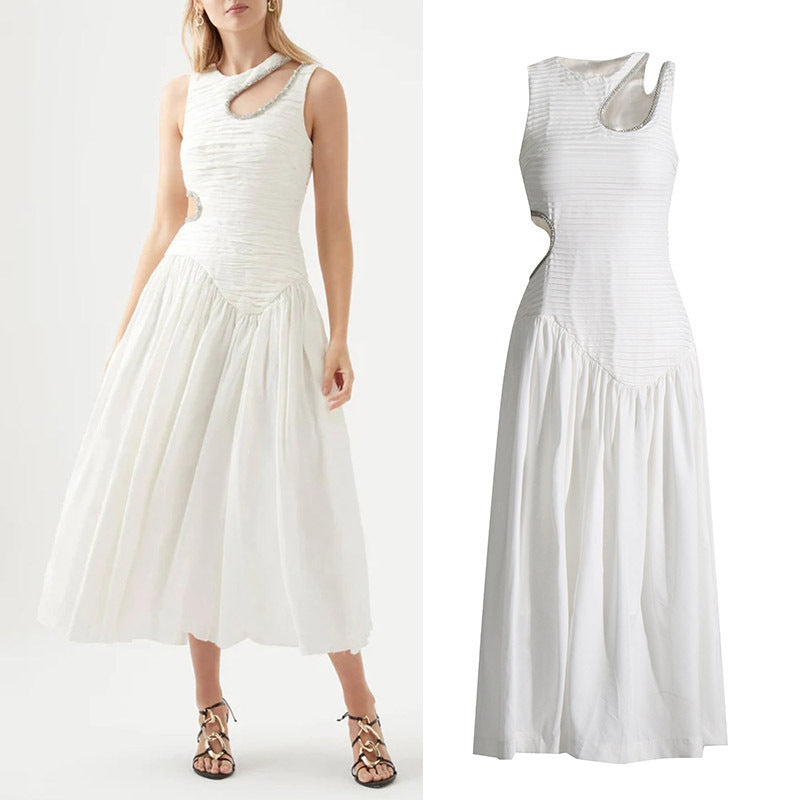 Robe mi-longue plissée à taille évidée pour femme, couleur unie