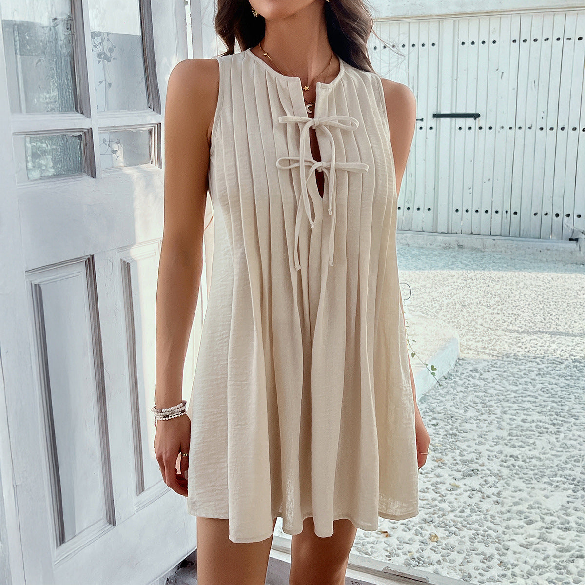 Solid-color Lace-up Pleated Sleeveless Mini Dress For Women