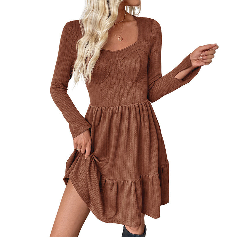 Trimming Knitted Solid Color Square Collar A- Line Dress