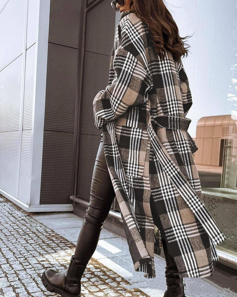 Manteau long à carreaux pour femmes européennes et américaines