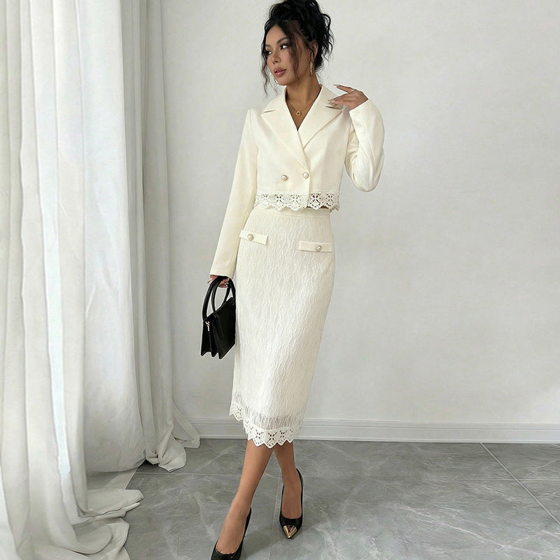 Elegant Lace-trimmed Petite Jacket And Lace Skirt Two-piece Set
