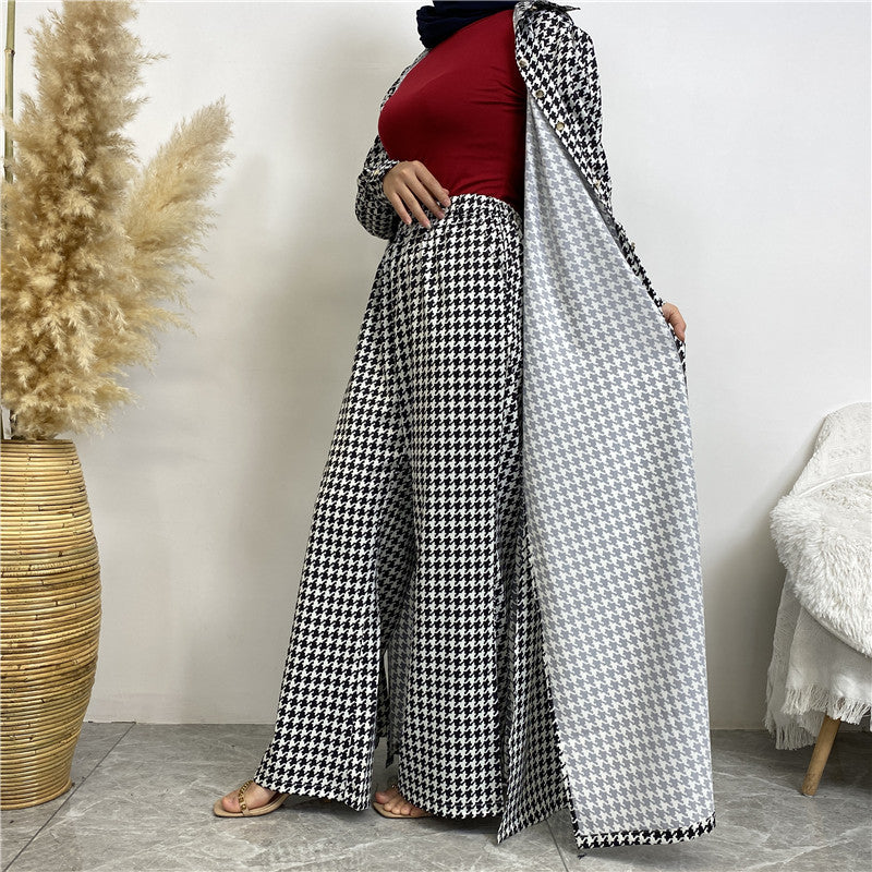 Fashion Printed Satin Full Button Long Cardigan And Pocket Pants Set