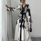 Temperament Print V-neck Slim Long Dress With Waist Belt Long Sleeves