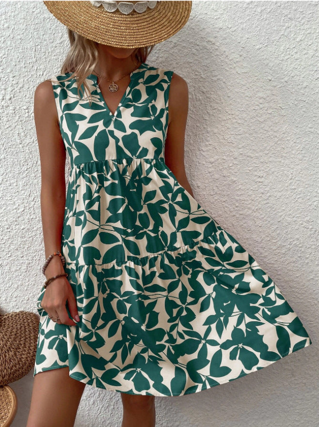 Robe bohème d'été à imprimé plissé et col en V, sans manches, pour femme