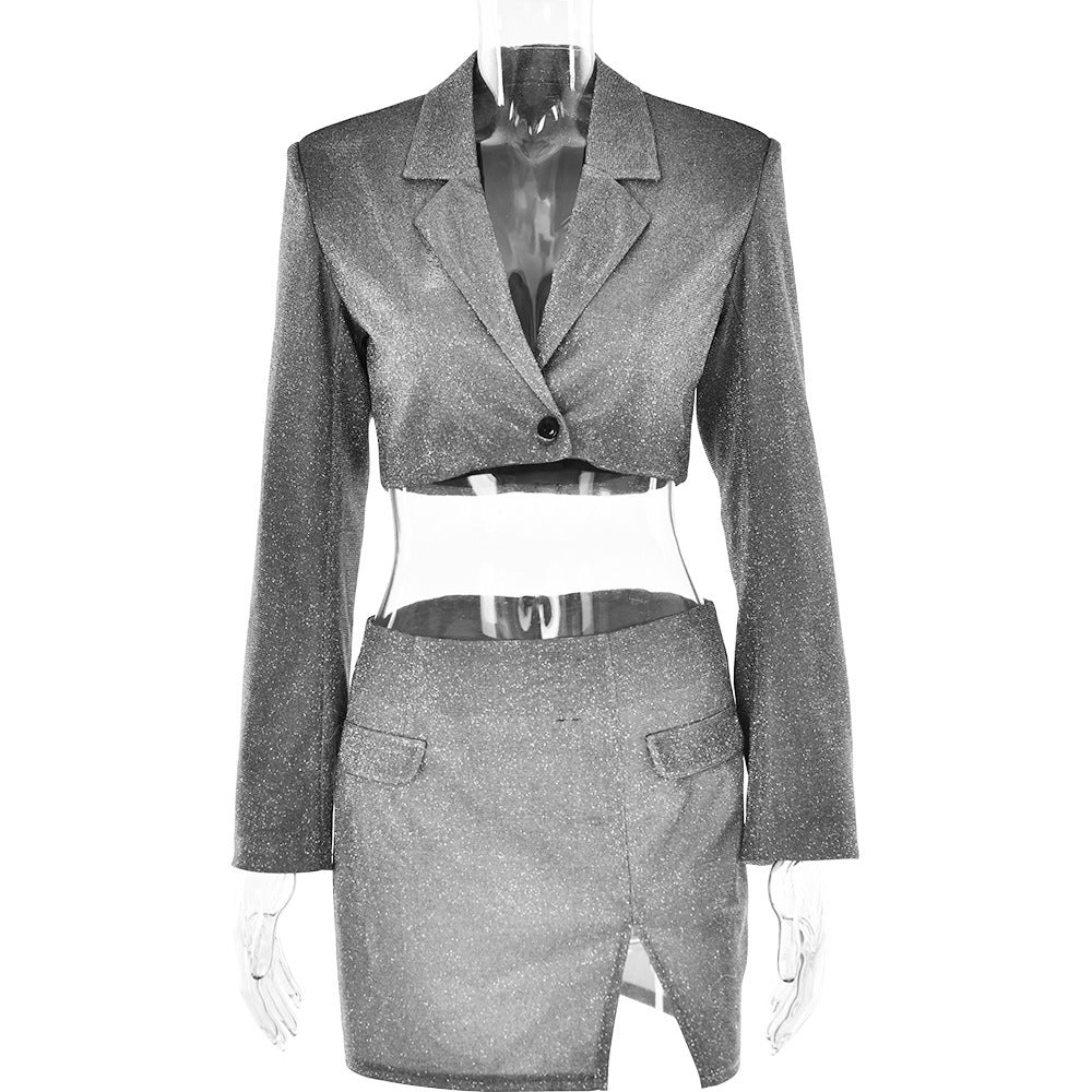 Cutout V-neck Long Sleeve Slim-fit Shiny Suit Top Skirt Two-piece Suit