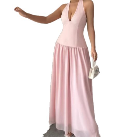 Solid-color Sleeveless Halter-neck Backless Dress For Women