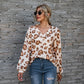 Leopard Print Printed V-neck Off-the-shoulder Long Sleeve T-shirt