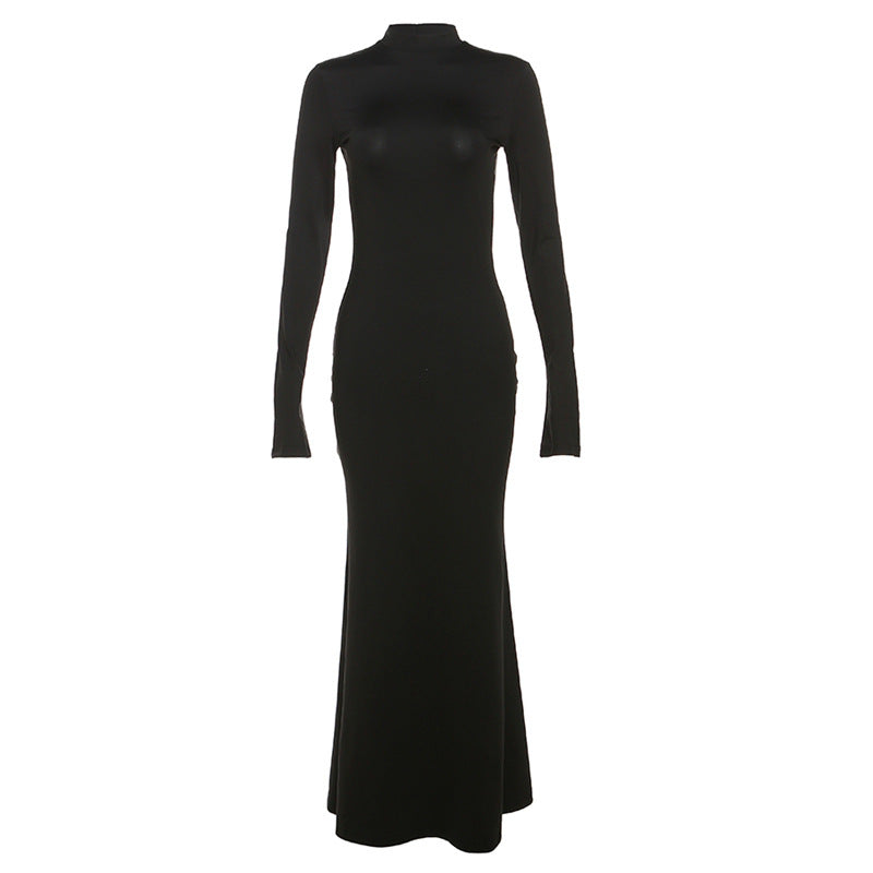 Women's Fashion Round Neck Long Sleeve Backless Slim Fit Dress