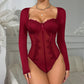 Womens Lace Sheer Low-Cut Fishbone Underwire Bodysuit