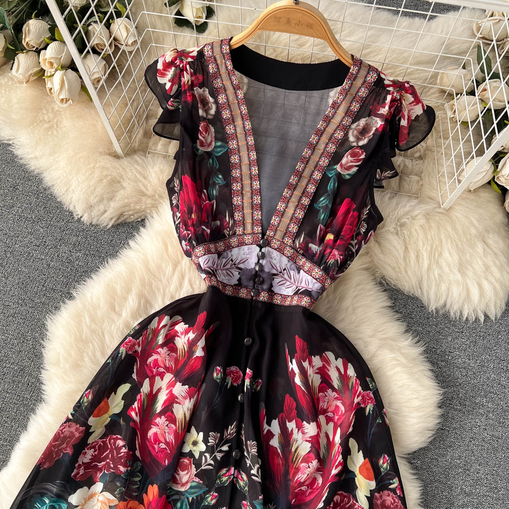 Women's Deep V-neck Lantern Sleeve Wavy Hem Wide Hem Printed Long Dress