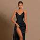 Womens Deep-V Waist-Cinching Satin Split Dress
