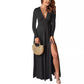 Robe de soirée plissée à manches longues et col en V profond, taille haute, fendue, style club