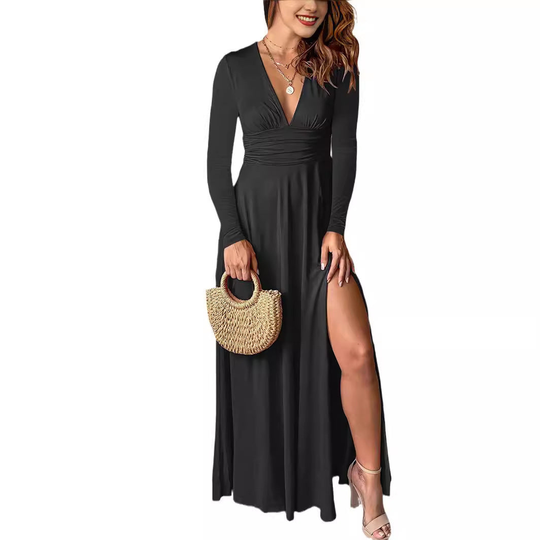 Robe de soirée plissée à manches longues et col en V profond, taille haute, fendue, style club