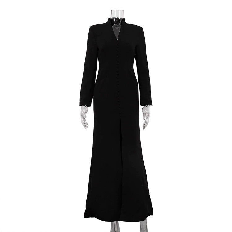 V-neck Long Sleeve High Waist Slit French Dress