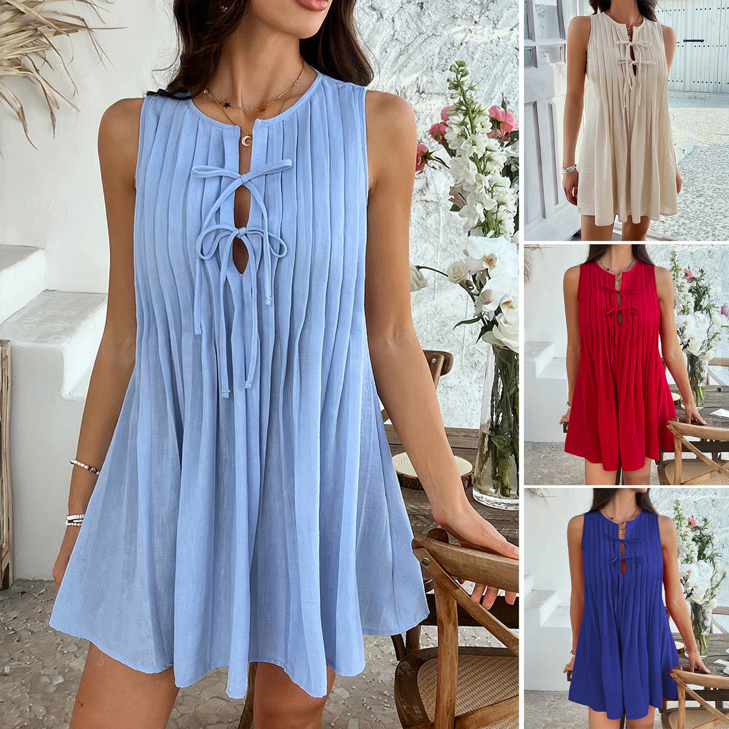 Solid-color Lace-up Pleated Sleeveless Mini Dress For Women