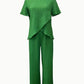 Women'S Elegant Solid Color Polyester 2pcs Set, Crew Neck Short Sleeve Top And Long Pants