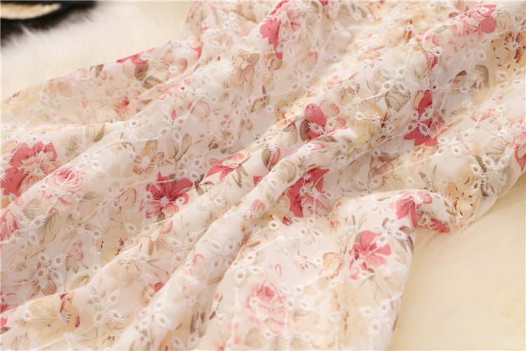 French Floral Dress Women's Tea Break Bellflower Skirt With Puff Sleeves