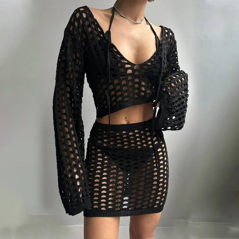 Maillot de bain bikini à col montant en tricot de couleur unie