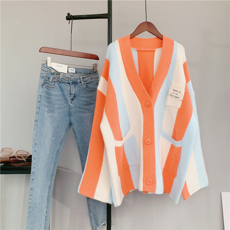 Striped Colorblock Knitted Cardigan Women's New Loose Sweater Coat