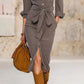 Womens Retro-Style Lapel-Neck Long-Sleeve Lace-Up Dress