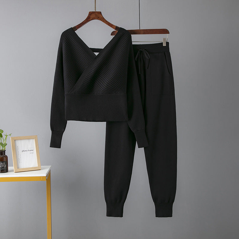 V-neck Sweater Casual Sports Pants Two-piece Set For Women