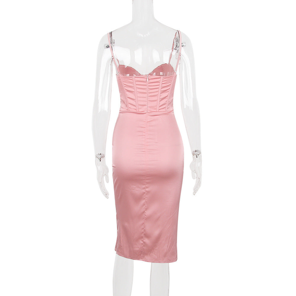 Robe mi-longue fendue style européen et américain pour femme, dos nu, coupe ajustée, motif arête de poisson